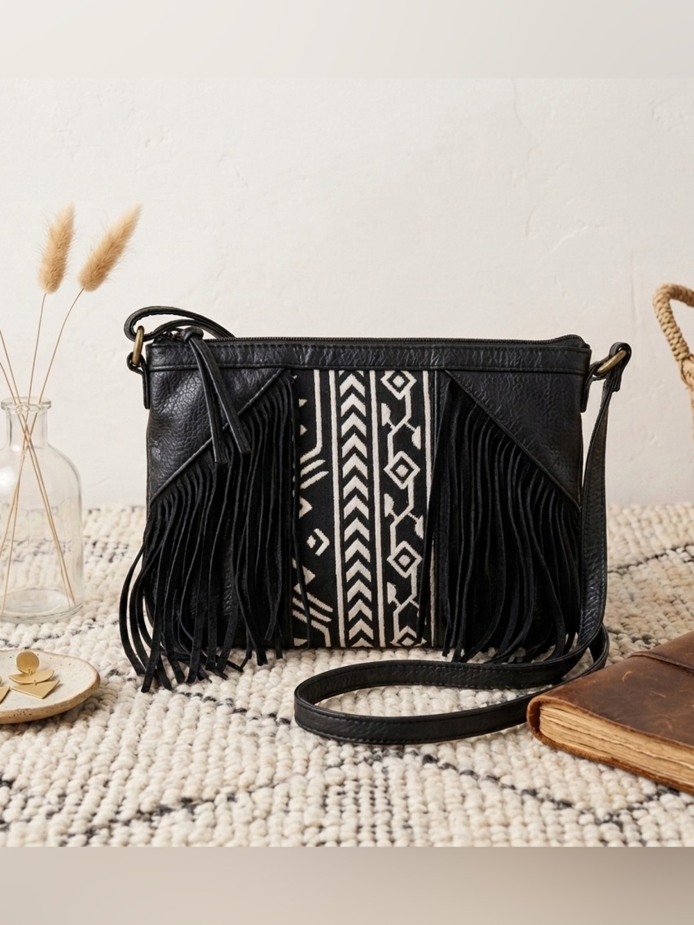 T-Shirt & Jeans Black Fringe Crossbody with Ivory Geometric Panel